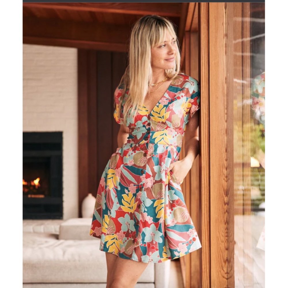Marine Layer teal pink maroon floral Camila hemp lightweight summer mini dress